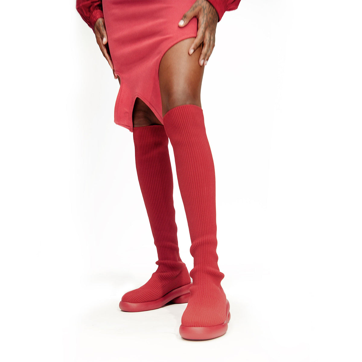 Tall Knit Modular Boot- Red - Boots