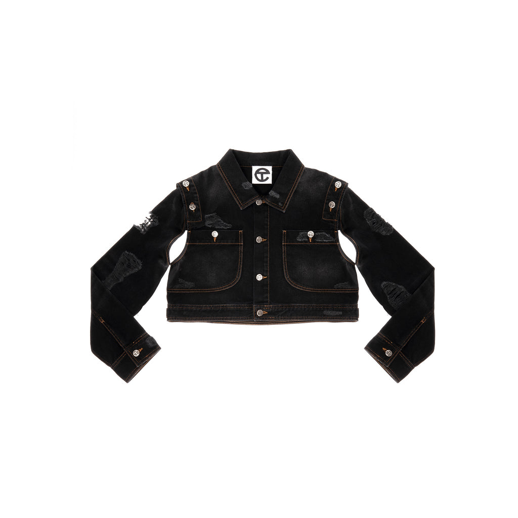 Cropped Detachable Jean Jacket - Distressed Black - Jackets & Outerwear