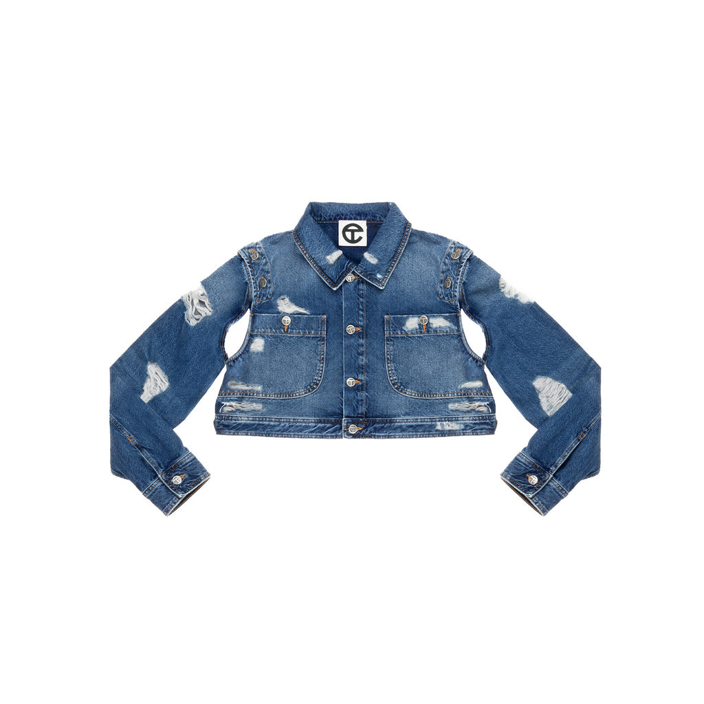 Cropped Detachable Jean Jacket - Distressed Blue - Jackets & Outerwear