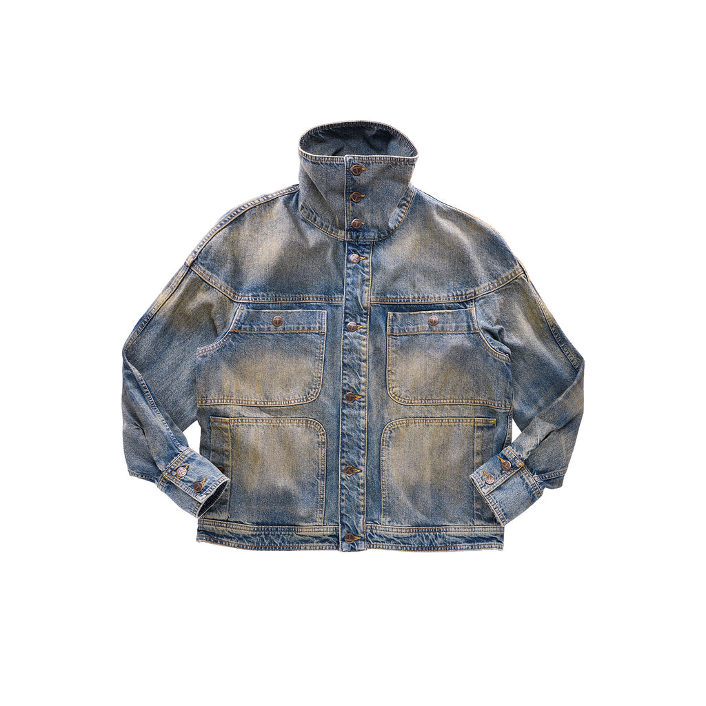 Dirty High Collar Jean Jacket - Blue - Jackets & Outerwear