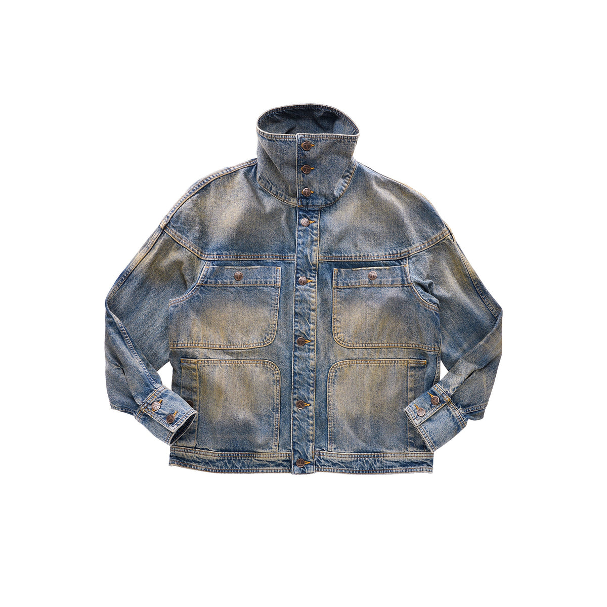 Dirty High Collar Jean Jacket - Blue - Jackets & Outerwear