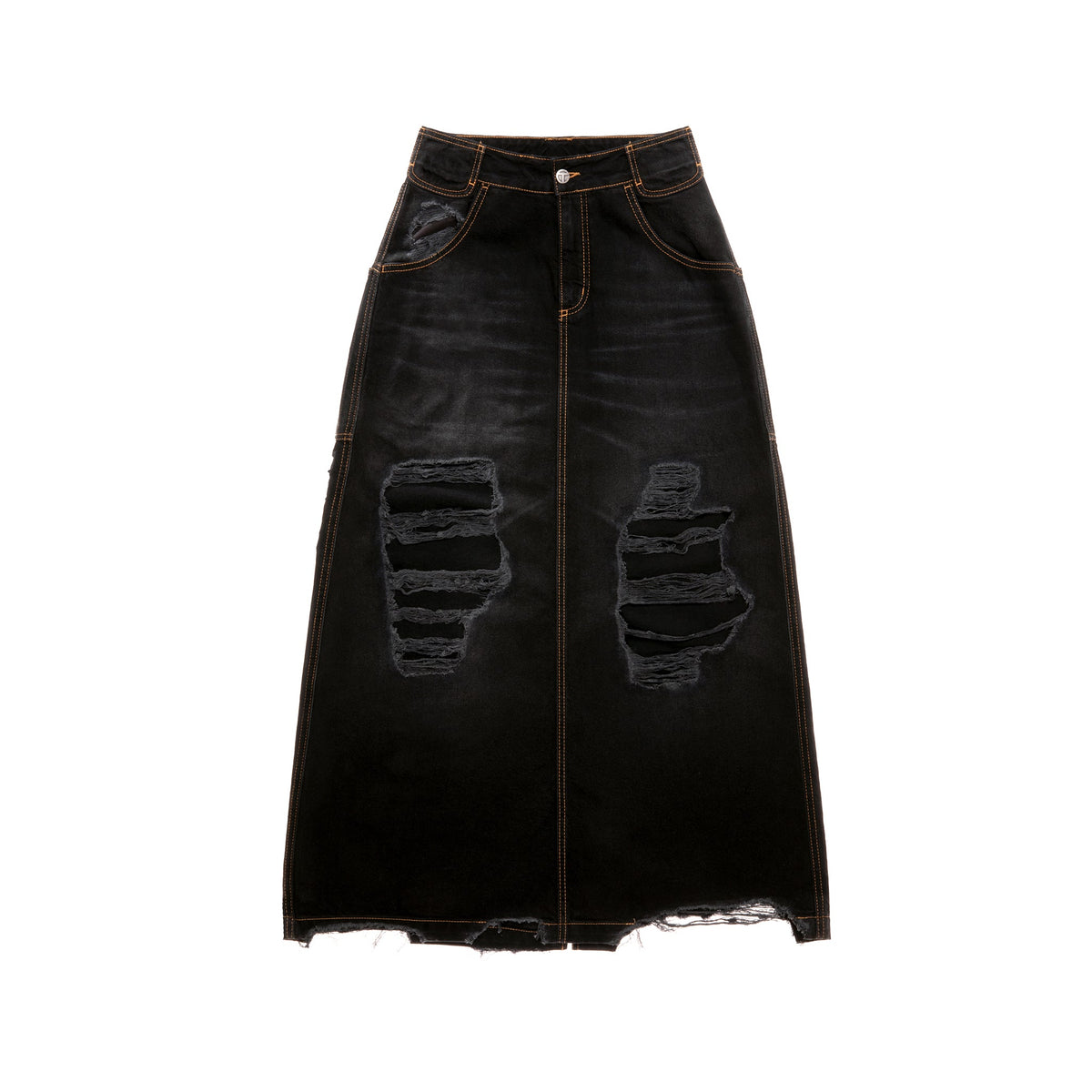 Long Jean Skirt - Distressed Black - Dresses & Skirts