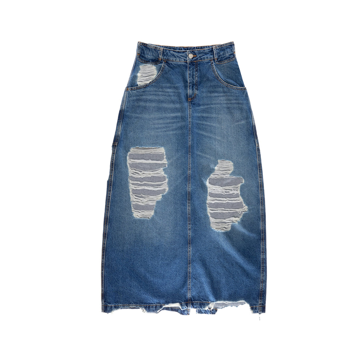 Long Jean Skirt - Distressed Blue - Dresses & Skirts