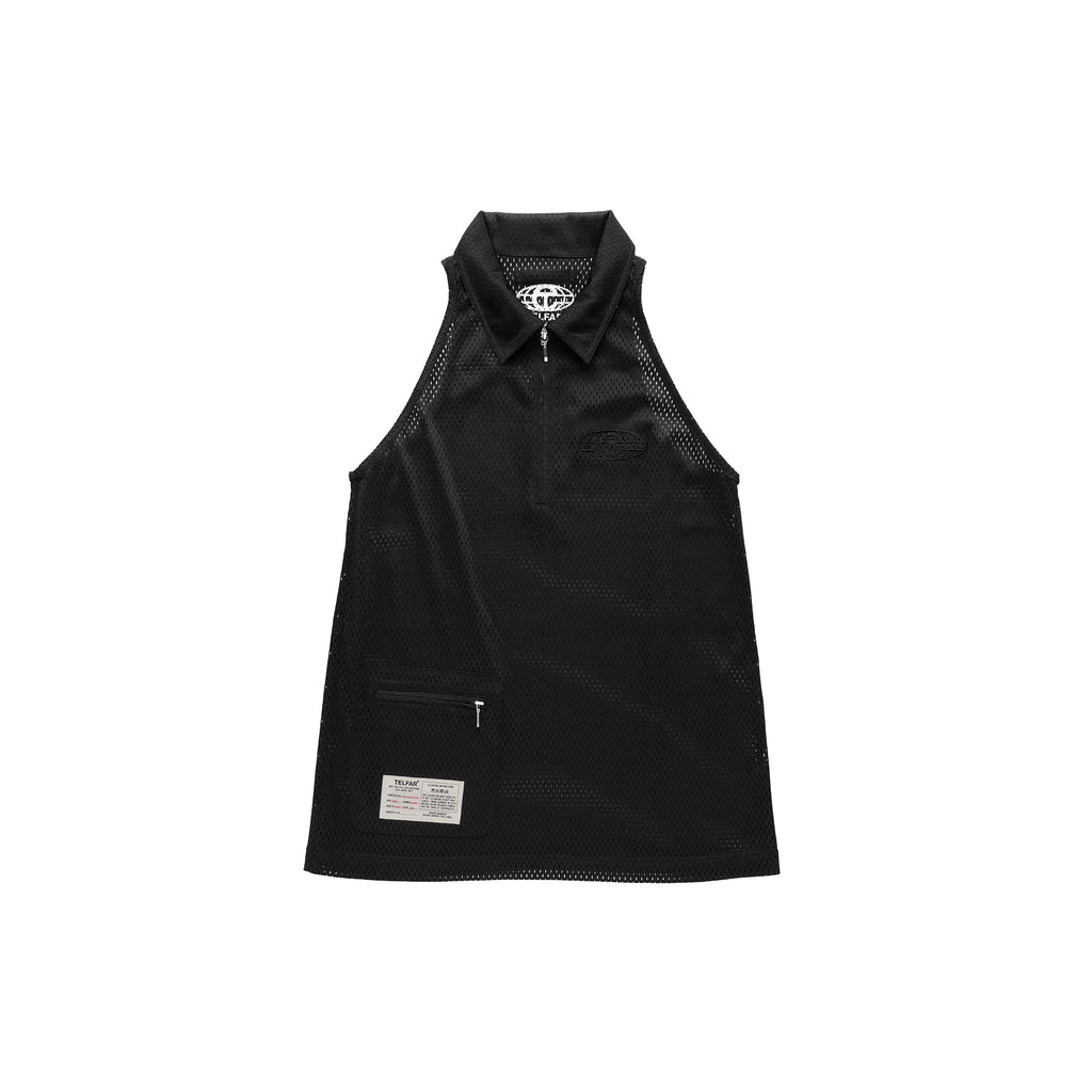Mesh Sleeveless Polo - Black - Tops & T-Shirts