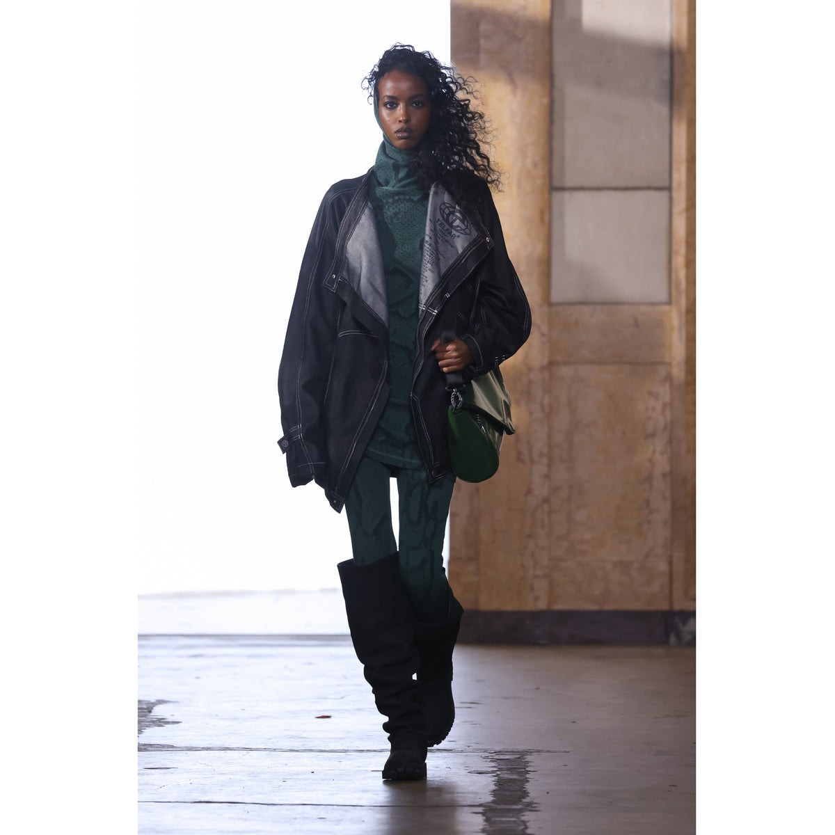 Sharkskin Cowl-Neck Coat - Black - Jackets & Outerwear